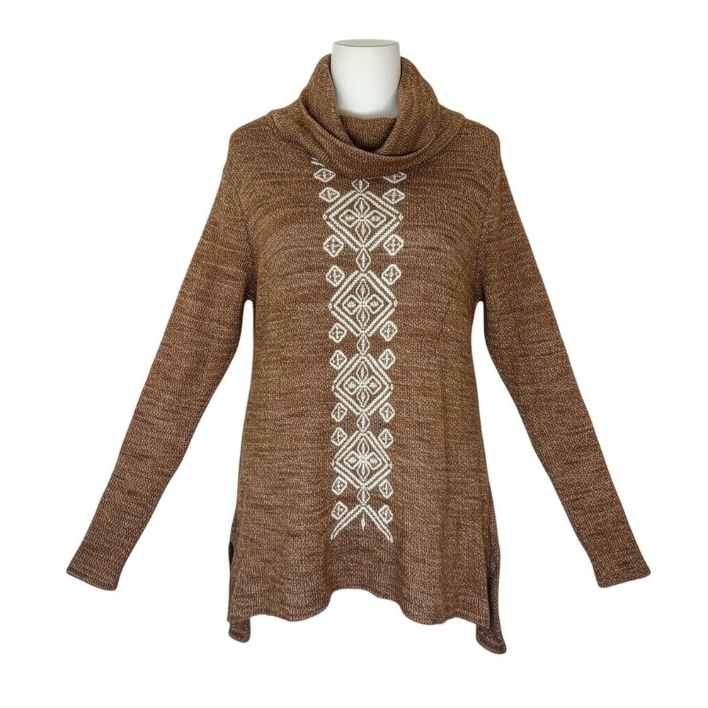 Roper Womens Cowl Neck Tunic Sweater XL Brown Embroidered Western Boho Aztec